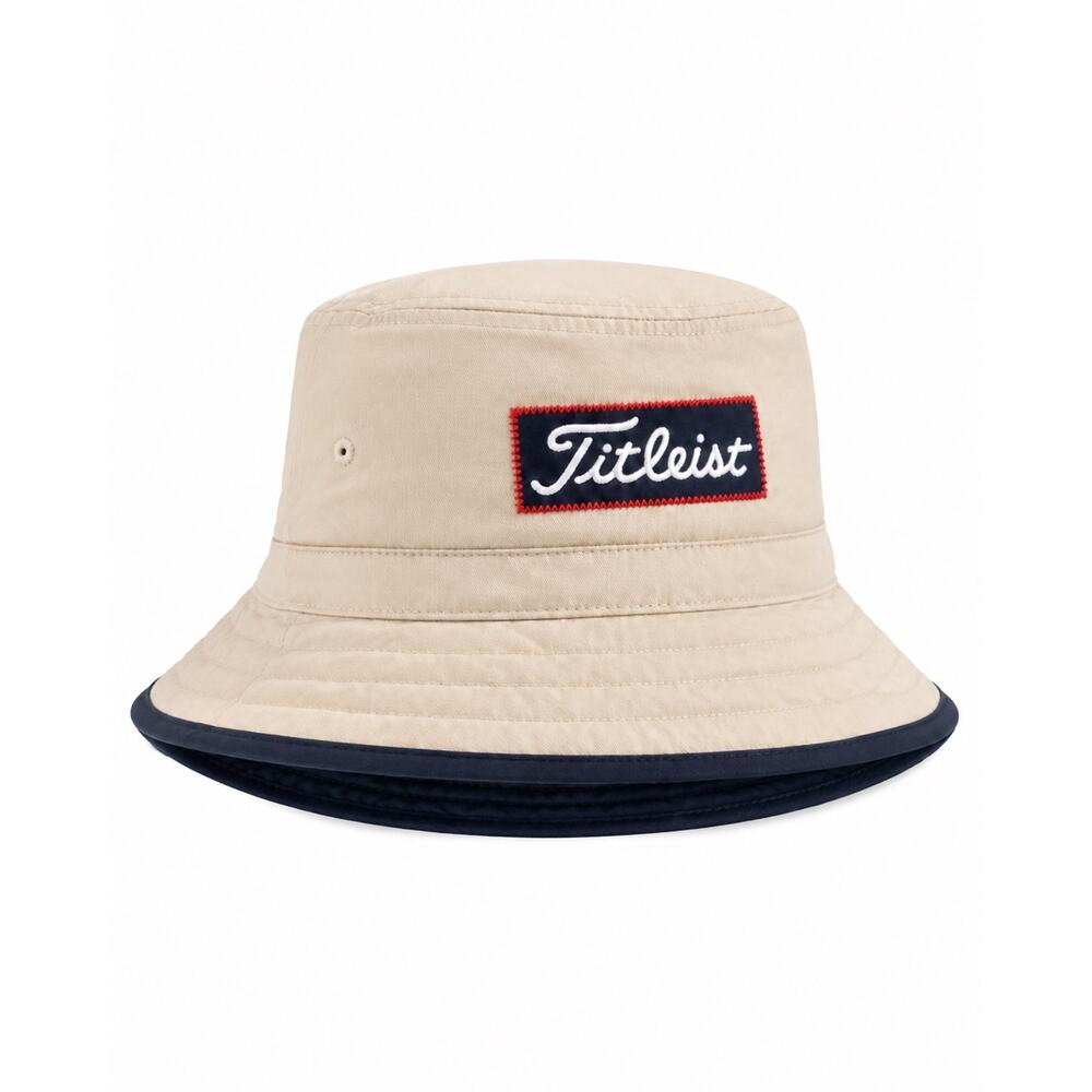 PO-EX Titleist Golf Reversible Bucket Hat Khaki Navy Nylon S/M Sun Hat